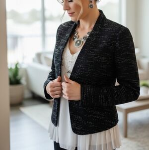 LOFT Black & White Tweed Blazer with Back Accent – Size 4, Like New